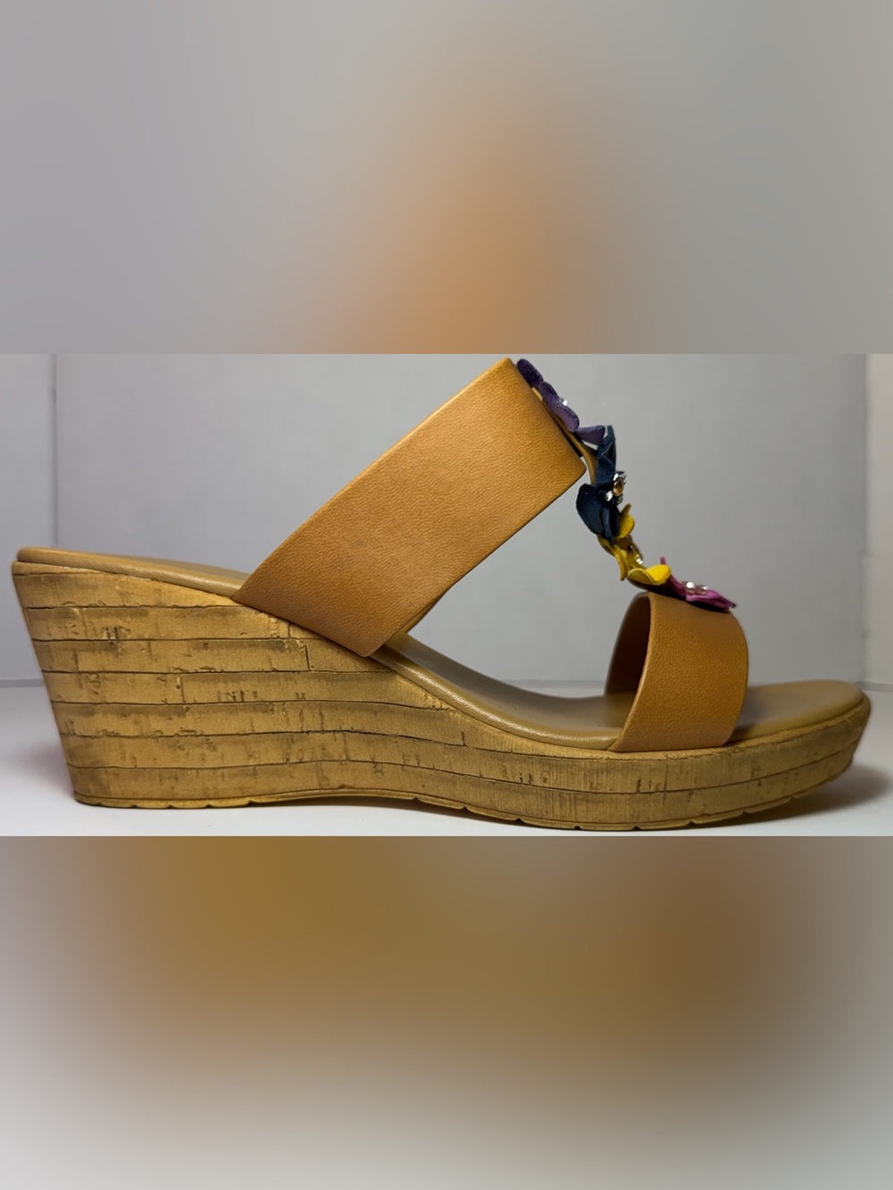 Italian Shoemakers Tan Floral Rhinestone Wedge Slides 8.518